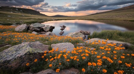 sunset tranquil lake with orange wildflowers