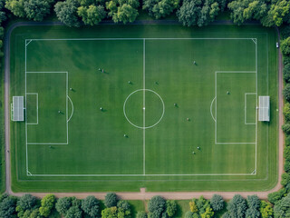 The image shows an aerial view of a soccer field surrounded by trees. The field is marked with white lines and has a few players scattered on it.