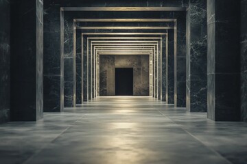 A dimly lit symmetrical corridor with a series of arches leading to a dark doorway