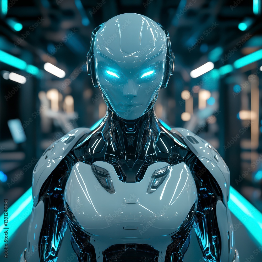 Poster futuristic robot portrait: a close-up portrait of a sleek, advanced robot with glowing eyes set agai