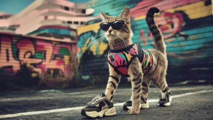 Stylish cat posing in urban fashion, trendy aesthetics