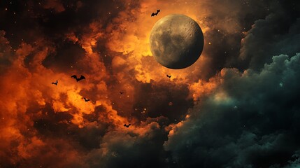 Dramatic halloween sky with full moon and bats drak background