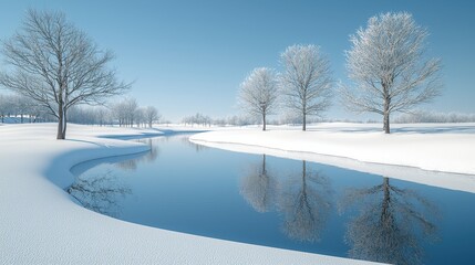 Serene Winter Landscape Snow Covered Trees Reflecting in Calm River Clear Blue Sky Scenic View