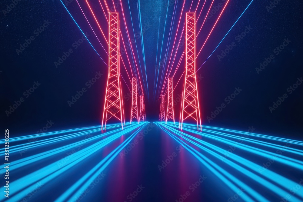 Poster a vibrant, futuristic scene featuring towering structures illuminated by red and blue lights, creati