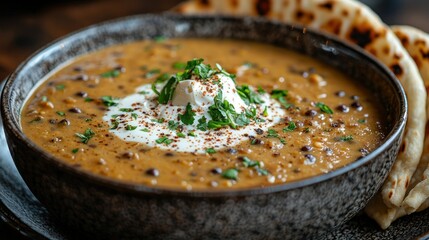 Rustic bowl of lentil soup with cream and parsley, naan bread on the side