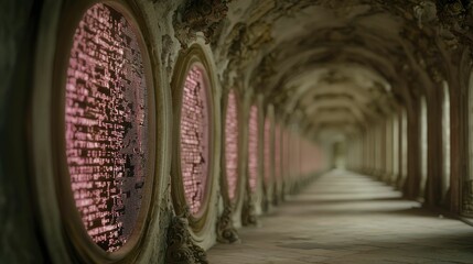 Fototapeta premium An ornate endless hallway lined with glowing intricate circular panels