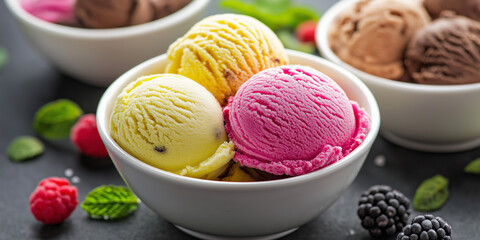 Three Scoops of Ice Cream with Fruits and Mint