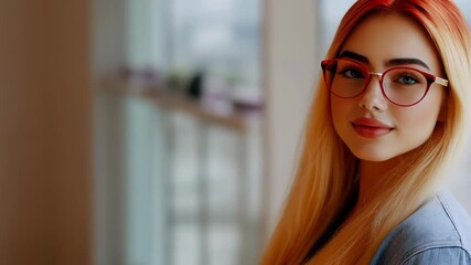 Young woman with blonde hair and red glasses looks confidently at the camera as the background stays blurred. The camera slowly moves in. Concept of modern elegance