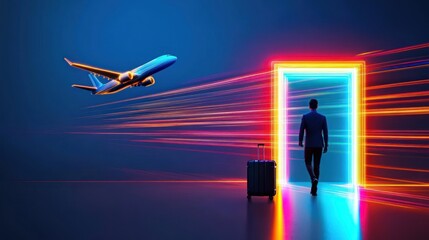 Businessman Entering Neon Portal, Airplane Background
