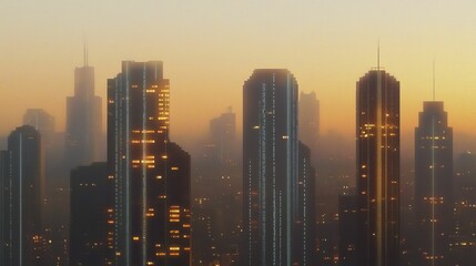 Fototapeta premium Skyscrapers stand majestically amidst a golden sunset shrouded in a gentle mist