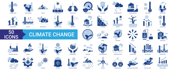 Climate change icon collection set. Containing global warming, human health, temperature, earth, heat, atmospher, burning, and deforestation icon. Simple flat vector