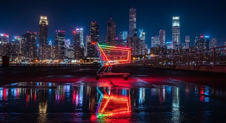 Obraz premium Neon Shopping Cart Cityscape Nightscape - Vibrant city skyline at night, reflecting in a wet pavement puddle, with a neon-lit shopping cart symbolizing consumerism, urban life, opportunity