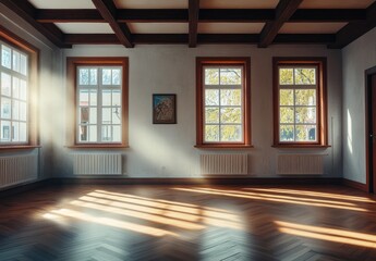 Fototapeta premium Sunlit empty room with hardwood floors and wood beams.