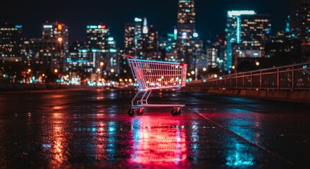 Obraz premium Night City Shopping Cart - Empty shopping cart on a wet city street at night, with a vibrant cityscape in the background. Reflecting lights