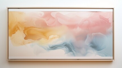 A large framed watercolor painting with soft pastel gradients, elegantly placed on a seamless white surface.