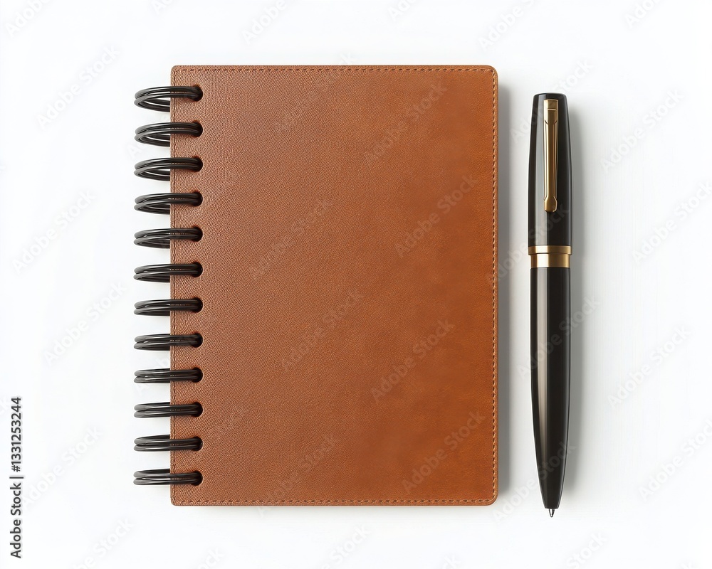 Poster a brown spiral notebook is placed next to a black pen on a white background, emphasizing a simple ye