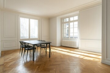 Fototapeta premium Sunlit empty room with hardwood floors, large windows, and dining table.