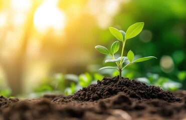 Small Green Plant Sprouting from Rich Soil with Sunlight Shining Through Leaves. Symbolizing Nature's Growth Process and Environmental Sustainability