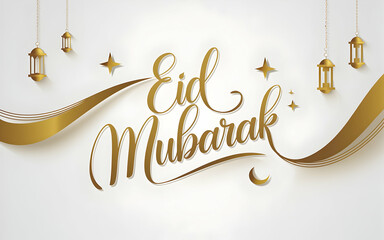 Minimalist Eid Mubarak Design with Flowing Gold Calligraphy and Elegant Accents