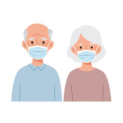Fototapeta premium Elderly couple wearing face masks in flat minimal vector art illustration
