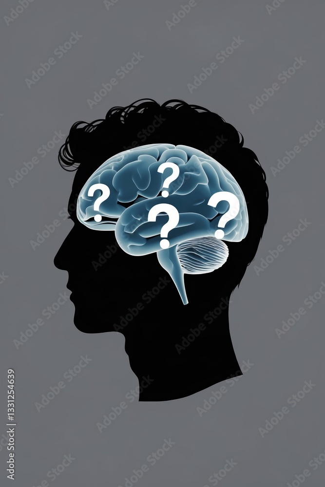 Poster creative representation of a human silhouette with a brain filled with question marks on a gray back