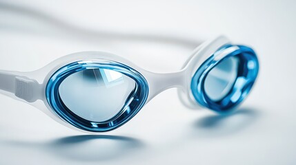 A set of swimming goggles on a plain background, with the reflective lenses and silicone straps in focus.