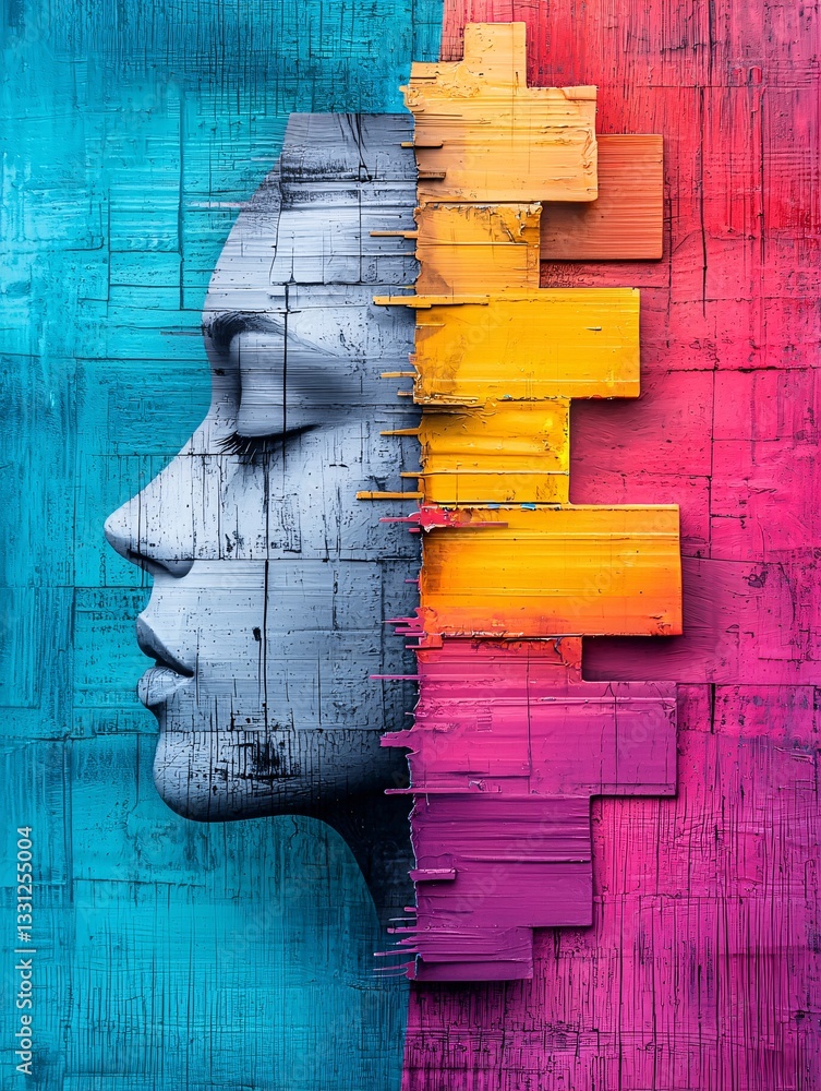 Poster abstract expressionism, fragmented reality with distorted perspectives, layered textures, surreal ye