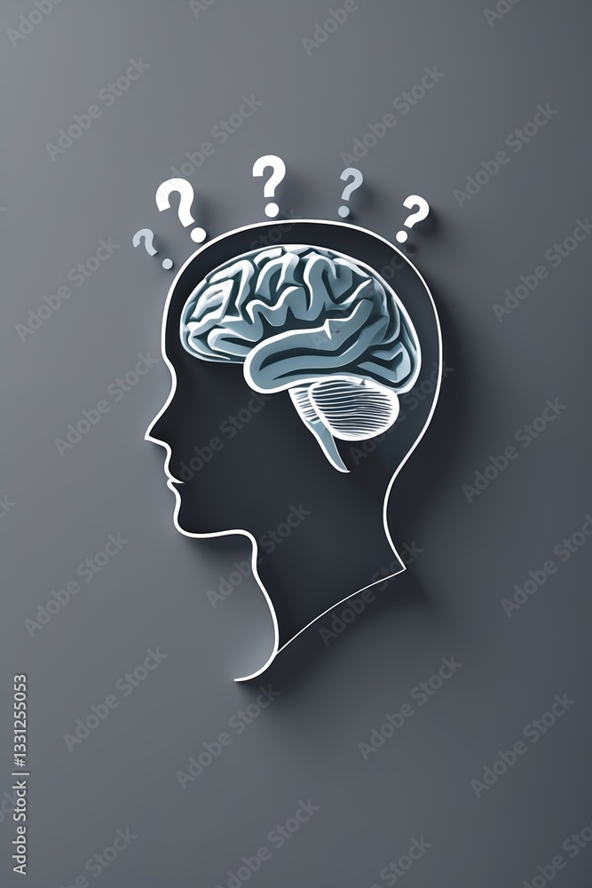 Poster exploring the mysteries of the human brain through symbolic representation and questioning thought p