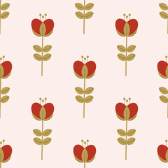 Seamless pattern with an unopened red flower on a pink background.