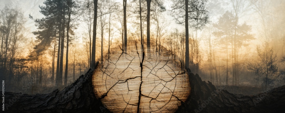 Poster a tree stump bisected displaying a forest scene in the background
