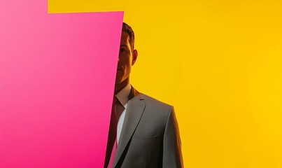 A man in a gray suit partially obscured by a pink panel against a vibrant yellow background. Business modern collage concept