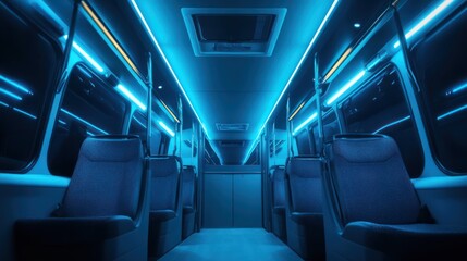 Obraz premium Blue-lit bus interior, night, empty seats, city lights