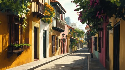 Fototapeta premium Colorful colonial street, Cartagena, sunny day, flowers, modern city background, travel postcard