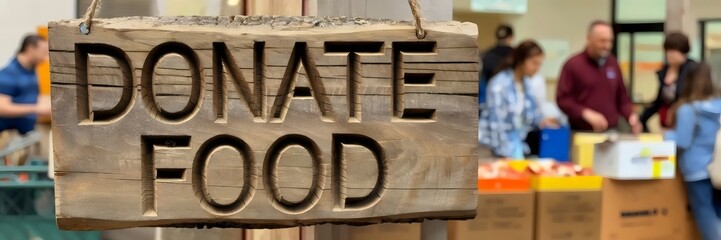 Wooden "Donate Food" sign in blurred donation center – Great for food drives, charitable initiatives, or giving back themes.