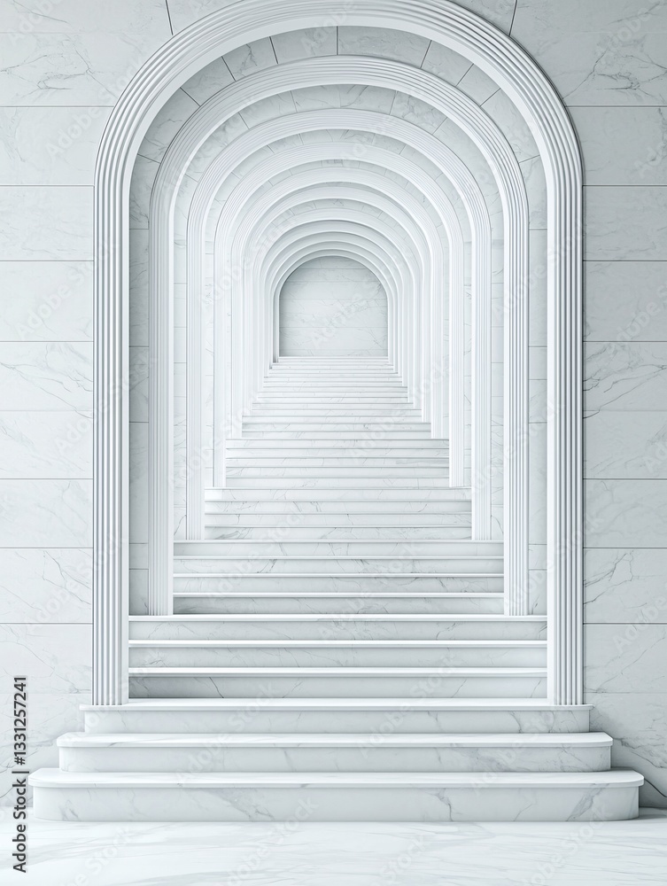Poster surreal celestial architecture, floating marble staircases leading to luminous portals, divine light