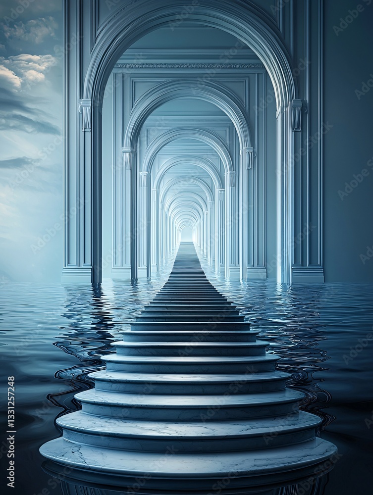 Poster surreal celestial architecture, floating marble staircases leading to luminous portals, divine light