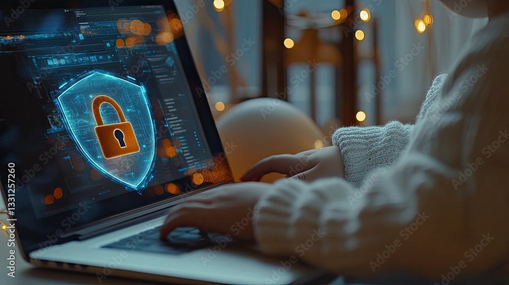 Poster child using laptop with cybersecurity shield and lock graphic displayed on screen during evening hou