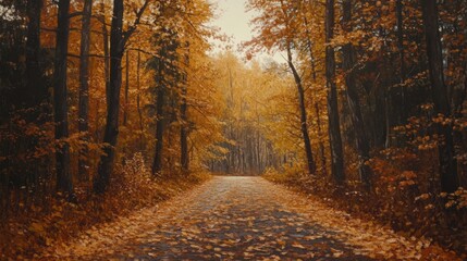 An empty road in a golden autumn forest, covered