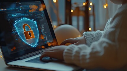 Child using laptop with cybersecurity shield and lock graphic displayed on screen during evening hours