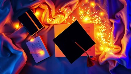 Graduation celebration with a cap and books on a colorful backdrop, featuring glowing lights and festive atmosphere