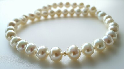 Obraz premium Elegant close-up of a lustrous pearl necklace displaying perfectly shaped pearls and their natural sheen against a white background for a classic look.