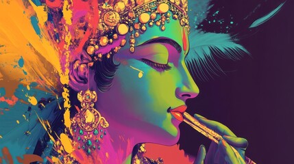 Naklejka premium Colorful Krishna profile, flute, vibrant background, Holi festival art