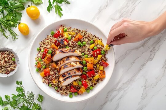 Healthy quinoa bowl with grilled chicken, roasted vegetables, and fresh greens.