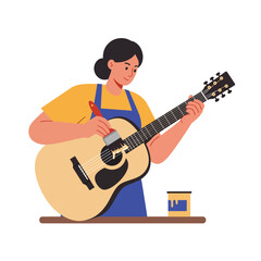 Obraz premium Woman painting guitar with brush in flat design vector illustration