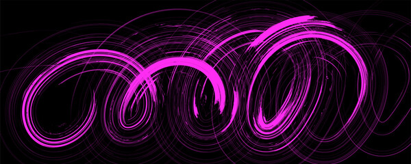Grainy pink spiral brush stroke with spray texture. Hand drawn distress damaged edge vintage banner with spiral bold line. Grainy bold brush strokes texture with scattered tiny dots.