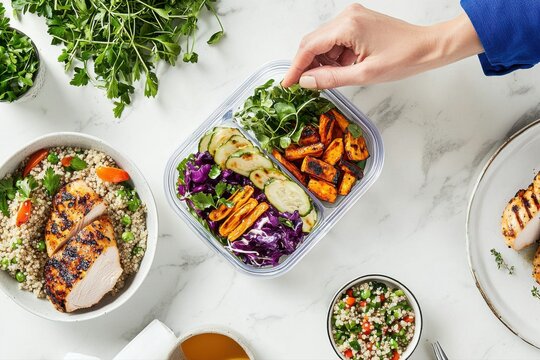 Nutrient-rich salad bowl with lean protein, grains, and colorful roasted vegetables.
