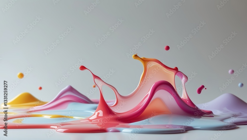 Poster vibrant splashes of paint create dynamic patterns on a smooth surface with soft colors in the backgr