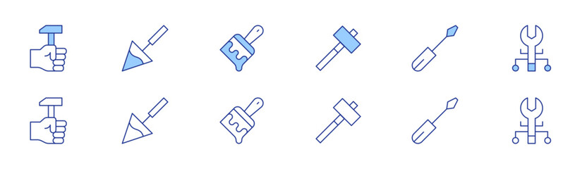 Tools icon set in two styles, Duotone and Thin Line style. Editable stroke. hammer, spade, brush, screwdriver, tool
