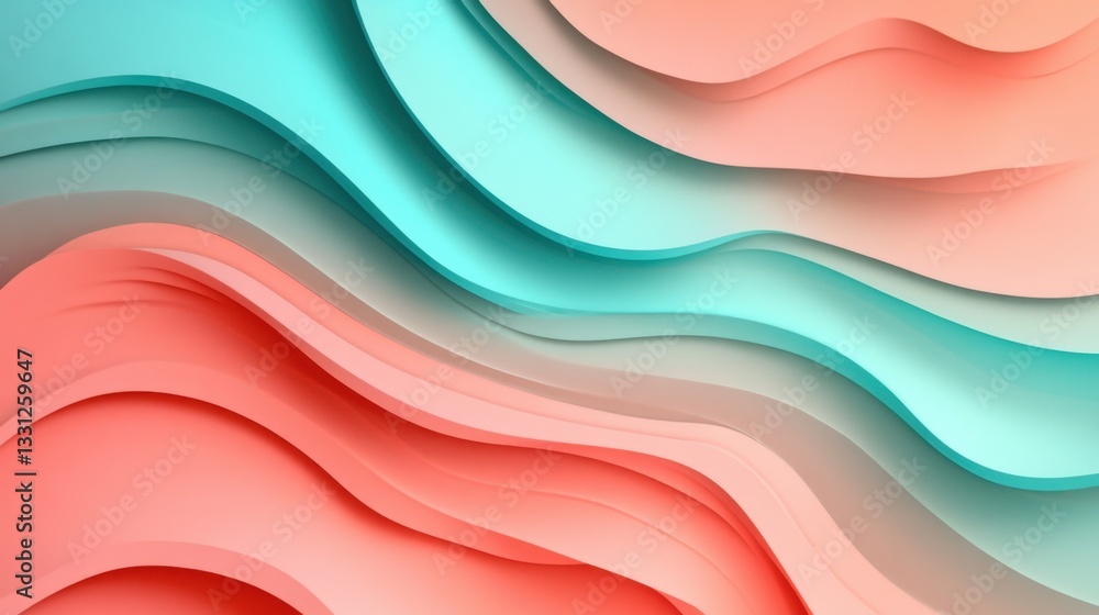 Poster abstract wavy layers background peach and turquoise gradient with 3d effect