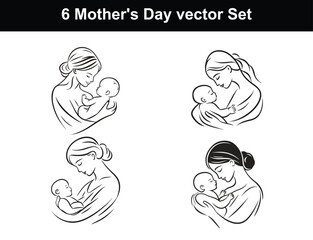 Elegant Mother's Day Vector Set – Loving Mom and Baby Line Art Illustrations.